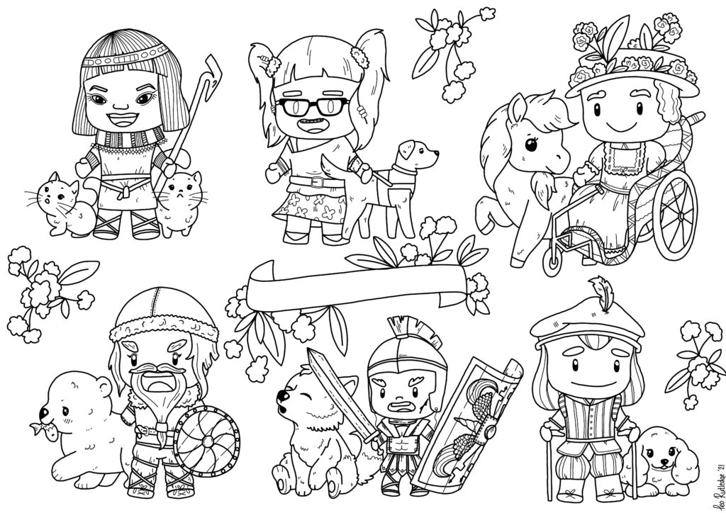 Six Chibi characters from different time periods and with different disabilities